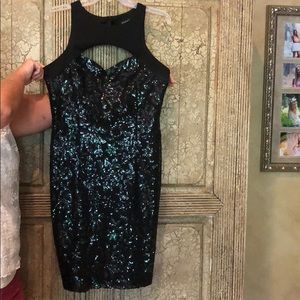 Teal and black sequence cocktail dress